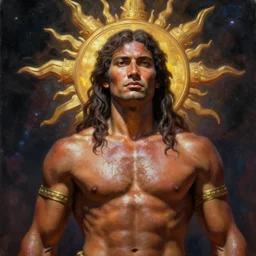 ''cinematic shot'' of an inca sun god brown muscular body sweaty skin beutiful face long hair tan skin with the power of a galaxy casper david friedrich raphael lacoste vladimir kush leis royo volumetric light effect broad light oil painting painting fantasy art style sci - fi art style realism premium prints available artwork unreal engine