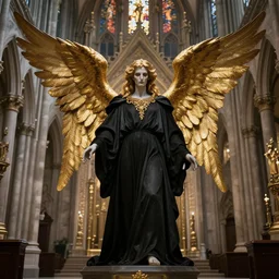 full length picture of the angel of death wearing black robes with gold wings in an elaborate cathedral, high octane, 8k, ultra detailed, photorealistic