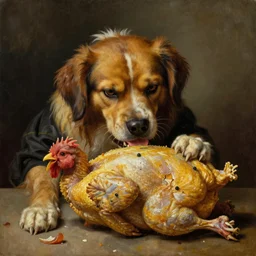 angry dog eats whole chicken, oil painting, highly detailed, by leonardo da vinci
