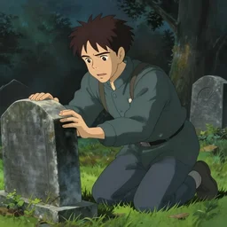 a 50 year old brunnete chinese man kneeling over a grave in a cemetery, horror scene, dramatic, anime art, Greg Rutkowski, studio ghibli, dramatic lighting