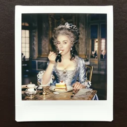 a Polaroid of Marie Antoinette eating cake at Versailles Palace 1792, photorealistic