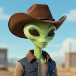 an alien wearing a cowboy hat.