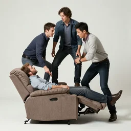 three men struggling to stand on the same reclining chair, high quality photo, 8 k, extreme detail