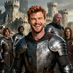 portrait of laughing ( ( copper haired chris hemsworth ) ) as destruction from sandman looking like kristofer hivju!, in front of a destroyed castle, medival armour!!, by jeremy mann, by frank moth, jeff easley, alphonse mucha, dave mckean, soft lightning, high detailed, 8 k