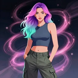 a award winning half body portrait of a beautiful kristen ritter in a croptop and cargo pants with ombre purple pink teal hairstyle and hands in pockets by ari liloan, surrounded by whirling illuminated lines, outrun, vaporware, shaded flat illustration, digital art, trending on artstation, highly detailed, fine detail, intricate