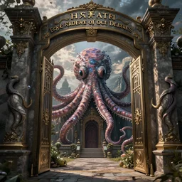The gate to the eternal kingdom of octopodes, fantasy, digital art, HD, detailed.