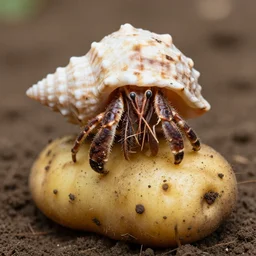 hermit crab wearing a fresh potato as a shell, dirt is on the potato, close up photograph