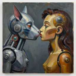 Oil painting by Rufino Tamayo. Mechanical gods with animal faces kissing. Oil painting by Lisa Yuskavage.