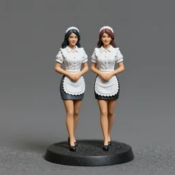 80mm resin detailed miniature of two Waitresses, white blouse, tight mini-skirt, white apron, tights skin, smile, on textured base; store website, eBay, Full body;