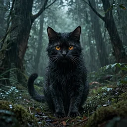 An evil cat inside a rainforest, eerie, by Beksinski