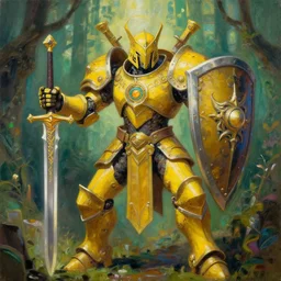 full body, attack position abstract painting in lush fantasy environment of a ornate holy mechanical warforged with circular glowing eye, wide flat face, character in yellow armor holding a legendary paladin engraved holy great longsword and carrying a huge heavy paladin shield, face in focus, epic , trending on ArtStation, masterpiece, cinematic lighting, by Ross Tran, by Delphin Enjolras, by Ruan Jia, by Greg Rutkowski