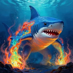 glowing rainbow magma-filled underwater gigantic shark enemy monster, metroid game boss concept art, HD oil painting, intimidating