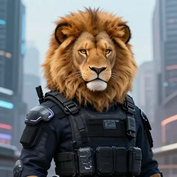 beautiful portrait commission of a male furry anthro lion fursona wearing a tactical cyberpunk swat uniform in a cyberpunk city at night in the rain. character design by charlie bowater, ross tran, artgerm, and makoto shinkai, detailed, inked, western comic book art