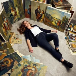 a high quality professional studio photograph of a happy woman lying down on her back. she is surrounded by piles and piles of paintings by greg rutkowski.