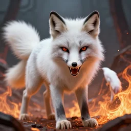 angry devil white polar fox with sharp teeth as god of destruction, fire, postapocalyptic world, hyperrealistic, highly detailed