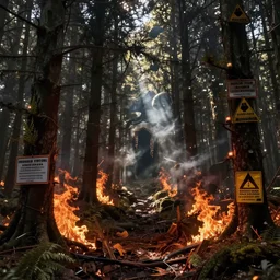 dystopian forest on fire with pandemic warning signs