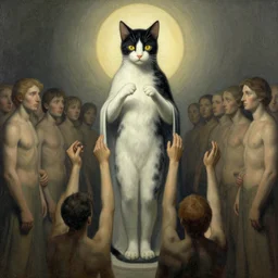 cat god being worshipped by human followers artwork by Beksiński