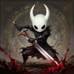 photography of hollow knight hit with bloody sword, blood drops explosion, deep focus, wallpaper, dslr fantasy, intricate, elegant, highly detailed, digital painting, artstation, concept art, matte, sharp focus, 8 k illustration, hearthstone, art by artgerm and greg rutkowski and alphonse mucha