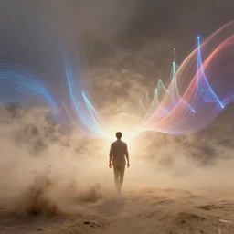 a human emitting an aura walking through a dust storm while normal!! and exponential!! curves!! from the universe flow through them, digital art, trending on art station, many smooth curves, inspiring, high resolution, normal distributions, exponential distributions, graph signals