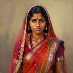 stunning, breathtaking, awe - inspiring award - winning concept art portrait painting by steve mccurry of a beautiful young hindu woman warrior with short, wavy hair, wearing a colorful sari