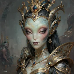 attractive alien queen, close - up portrait, intricate, elegant, volumetric lighting, scenery, digital painting, highly detailed, artstation, sharp focus, illustration, concept art, gaston bussiere, ruan jia, steve mccurry