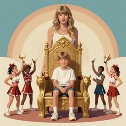 taylor swift standing next to young boy sitting in throne, cheerleader sacrificed to moloch in a ritual, retro half portrait by stanley artgerm, dramatic lighting, ilya kuvshinov, trending on artstation, flat colour, geometric curves, gradient filter, pleasing tone colours, art deco patterns