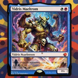 magic the gathering card, ultradetailed painting of yidris maelstrom wielder 4 armed orc skulls on waist with large blade being blast by energy, by karl kosinski yayoi kusama mc escher gottfried helnwein art, fantasy vibrant colors zbrush sharp focus