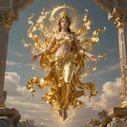 Hyper realistic portrait of a goddess floating in the middle of ancient sky, gold fluid simulation around her, Cinematic lighting, ultra super good realistic photography, symmetry, very intricate details, insanely detailed, trending on artstation, 8k