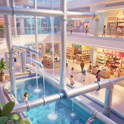 art by filip hodas, pixar, and artgerm. level design many pipes from which clean water flows. many people and shops with goods. clean, neat, indoor, advertising, entertainments, inside, interior.