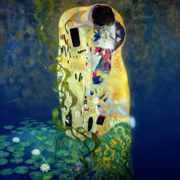 a beautiful effervescent lake with lillies, an underwater goddess is under the water. climbs the sea kelp to reach the surface by edward hopper, klimt gothic,'where the wild things are'high resolution 8 k, super detailed