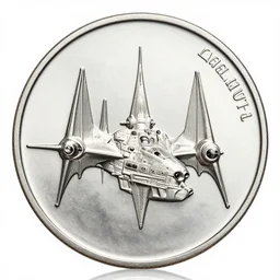 silver coin with a relief of three tie fighters, cinematic