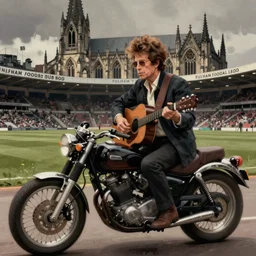 character portrait of bob dylan riding his motor cycle and playing his guitar in the fulham football club stadium, gothic, john singer sargent, muted colors, moody colors, illustration, digital illustration, amazing values, art by j. c. leyendecker, joseph christian leyendecker, william - adolphe bouguerea, graphic style, dramatic lighting, gothic lighting