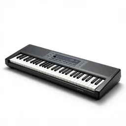 sleek synthesizer keyboard, professional product shot, isolated on a pure white background, centered, entire object in frame, sharp focus, soft studio lighting