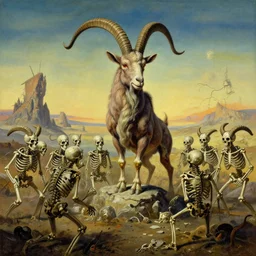 a demonic goat summoning a legion of skeleton warriors in a battered and scorched landscape, trending on artstation, painting by Salvador Dali, 4k, Octane render