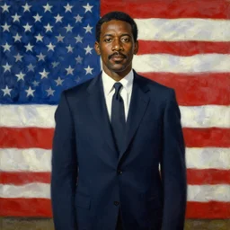 portrait of the united states president, 1 9 7 7. a black man from louisiana. standing tall in front of the american flag. oil on canvas by william sidney mount, trending on artstation