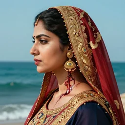portrait of a pakistani woman :: side profile :: blood :: background sea :: intricate details  ::  gold :: oxygen implant :: 8k :: MARVEL comics and Sandra Chevrier