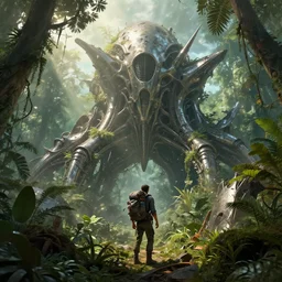 a backpacker standing at the remnants of an overgrown metallic alien organic structure in the jungle highly detailed digital painting, concept art by yongfei liu, alben tan, vance kocas, octane rendered, low angle, god rays, cg society, unreal engine