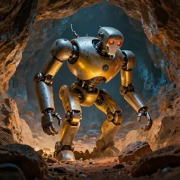 mechanoids mining resources in a cave with minimal lighting in the style of claude monet, cinematic lighting, raytracing, 8 k, octane render, volumetric, vivid, beautiful, hyperrealism