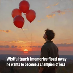 “ wistful oil painting showing a man watching memories float away like red balloons against a sky at sunset, he wants to become a champion of loss ”