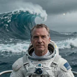 on ocean , bokeh !!cinematic close up shot of saul goodman wearing the spacesuit in scene from the movie interstellar ,shady dull weather, panorama,natural dull colours, exteremely giant ocean wave in background