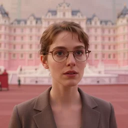 cinematic mid shot of a high detail, refined woman's face looking off camera. fine facial features, wearing glasses, she stands in an empty, pastel colourful 3 d, industrial scene, shallow depth of field, by jeffrey smart and gregory crewdson and edward hopper, inspired by the grand budapest hotel