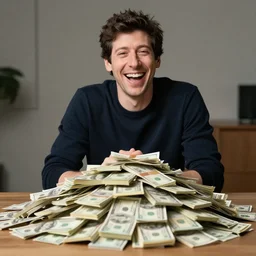 Sam Altman laughing at a huge pile of money on a table, dslr photo