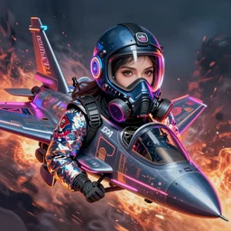 detailed portrait neon female swat officer flying a fighter jet, cyberpunk futuristic, neon, gas mask, reflective puffy coat, decorated with traditional japanese by ismail inceoglu dragan bibin hans thoma greg rutkowski alexandros pyromallis nekro rene margitte, fire & smoke, illustrated, perfect face, fine details, realistic shaded, fine - face, pretty face