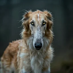 borzoi with a very long nose and windy ears with glowing eyes and salvadore, photorealistic, fantasy, moody, ultradetail