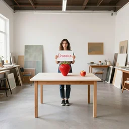 A 10ft by 10ft art studio, a strawberry is sitting at the table in the middle of the room with an apple on the table, woman his holding a sign, table is centered