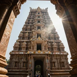 inside a majestic, highly detailed beautiful very tall temple by raghu rai, light rays, rayleigh scattering
