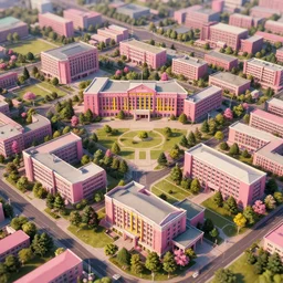 a beautiful hyper - realistic 3 d matte aerial photograph of a college university campus, mostly with pink and varsity yellow accents, cinematic lighting, dynamic lighting, by greg rutkowski, thomas kinkade, raphael lacoste, rossdraws, studio ghibli, sparth, high resolution, 4 k, 1 6 k, 8 k, hd, detail, photobash, good focus, f 1 6, high quality, isometric view, video game art,
