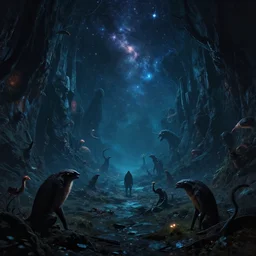 infinite abyss with creatures and stars in the background landscape