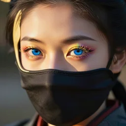 japanese female ninja with mask and only eyes showing ; closeup goldenhour face photo with beautiful blue eyes with rainbow eyeshadow and ornate gold eyelashes, with rainbow light caustics