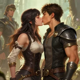 young asian fit male and female, wearing clothes, kissing each other, by kyu yong eom thomas cole and wayne barlowe, 8 k, high detail, fantasy art, dnd, artstation,